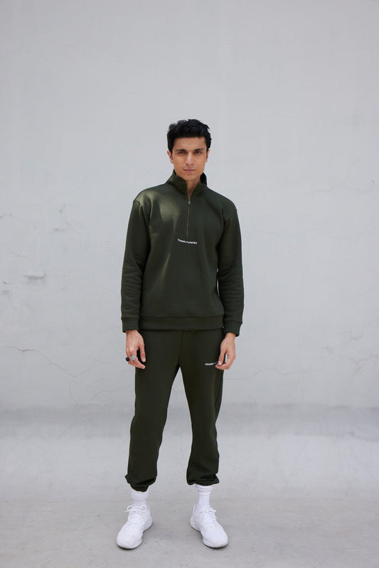 Olive Green Zip-Top Jumper - Young Pumped