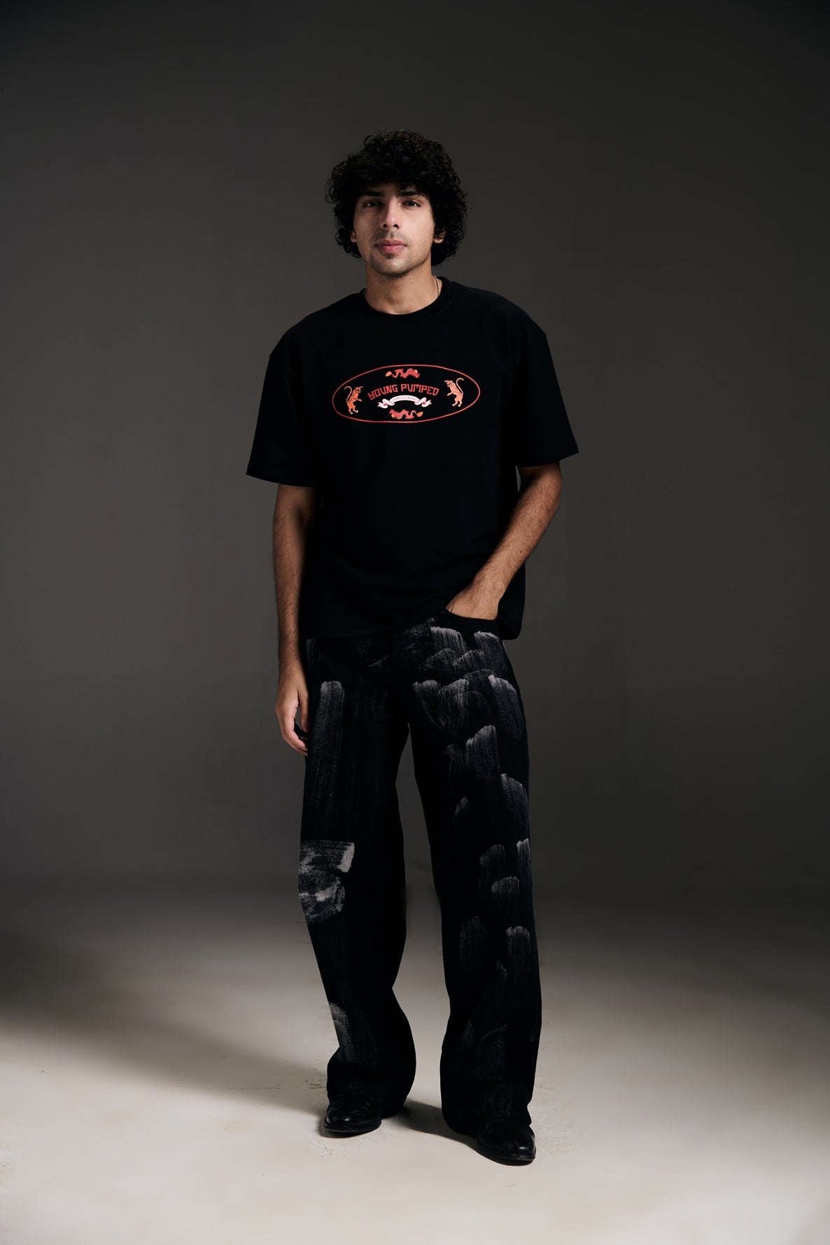 Dragon Tee & Black Tie Die Denim